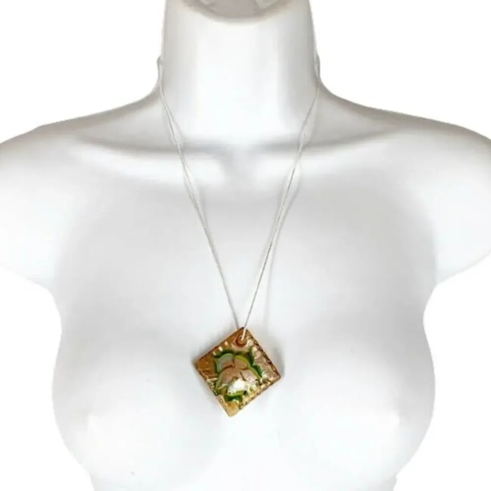 Handmade Fused Glass Necklace Green Flower on Golden Diamond Shape Wavy Edges